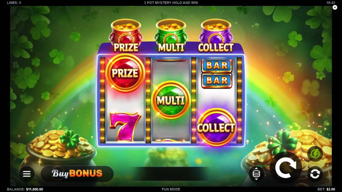 3 Pot Mystery Hold and Win slot game interface with golden pots and glowing symbols