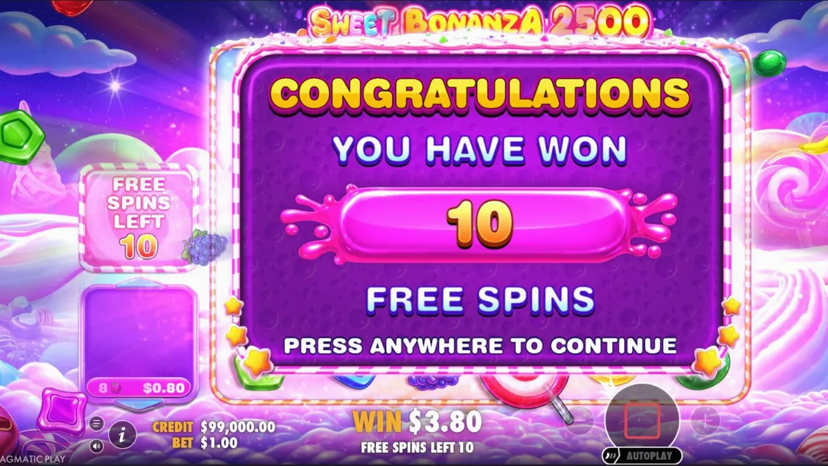 Visual penuh warna dari slot Sweet Bonanza 2500 dengan simbol permen dan buah-buahan.