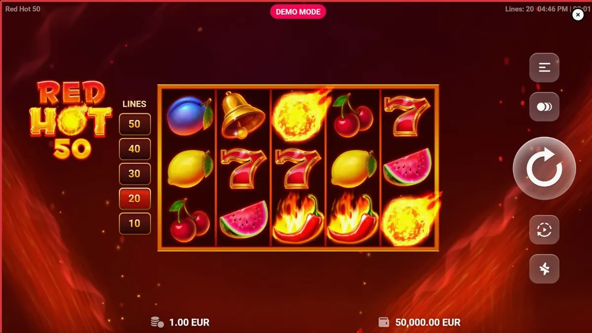 Tampilan antarmuka slot Red Hot 50 pada perangkat seluler dengan latar belakang api yang membara